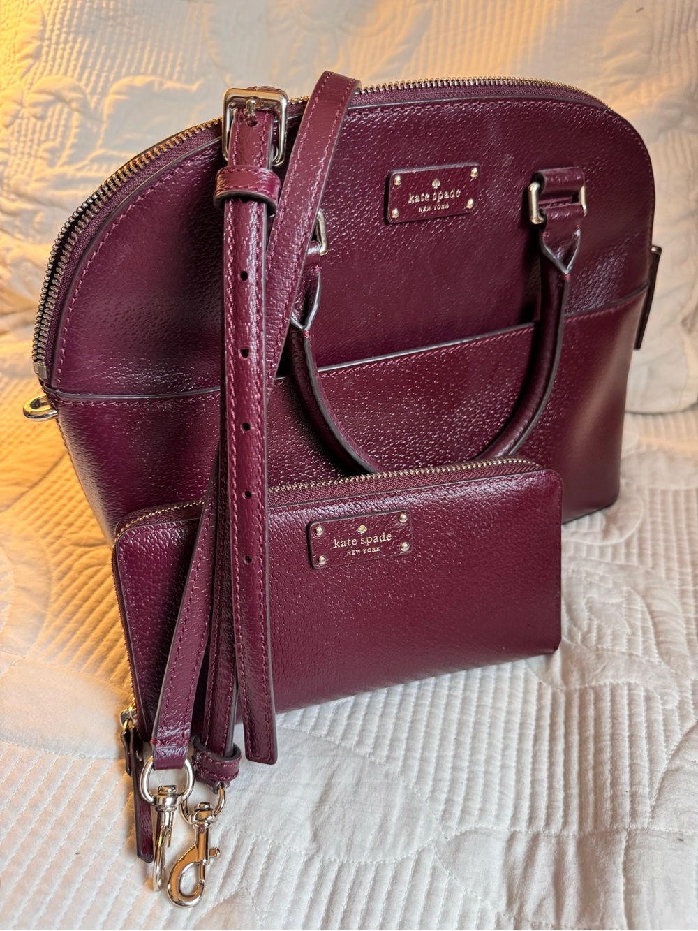 kate spade Burgundy Pebbled Dome Satchel with Zip Wallet new without tags